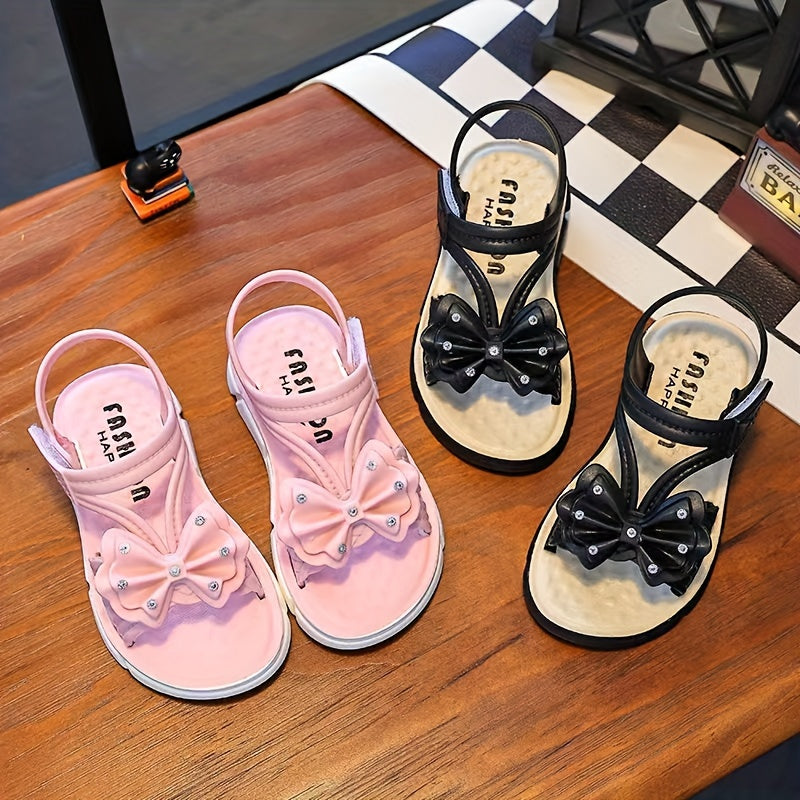 Girls' Sandals with Bowknot Summer 2024 Low Top Breathable Beach Footwear Black White Pink Cream
