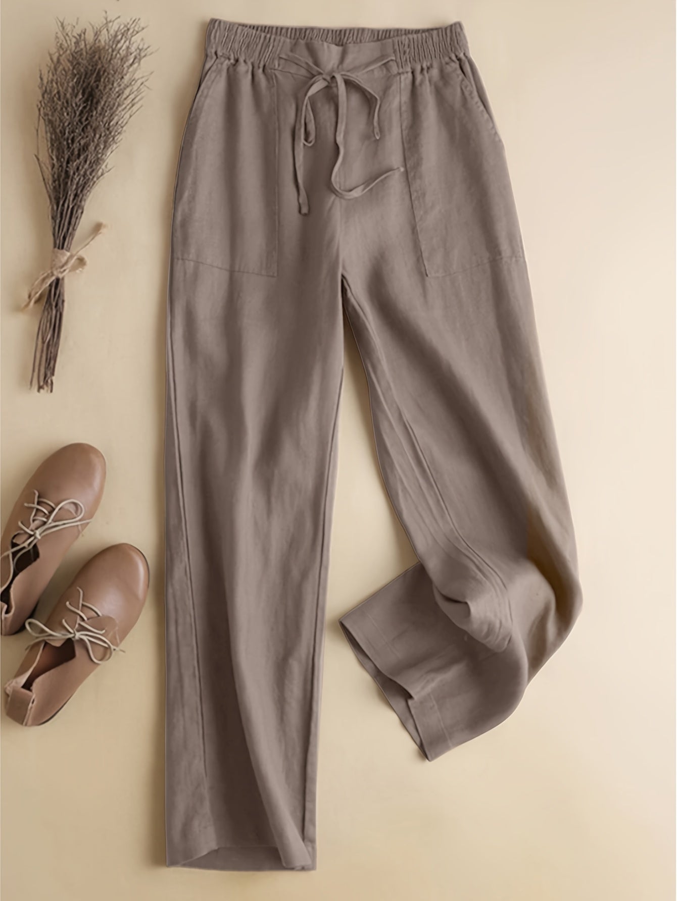 Pantalones rectos de talla grande con bolsillos sólidos, ropa casual de cintura elástica con cordón para mujer