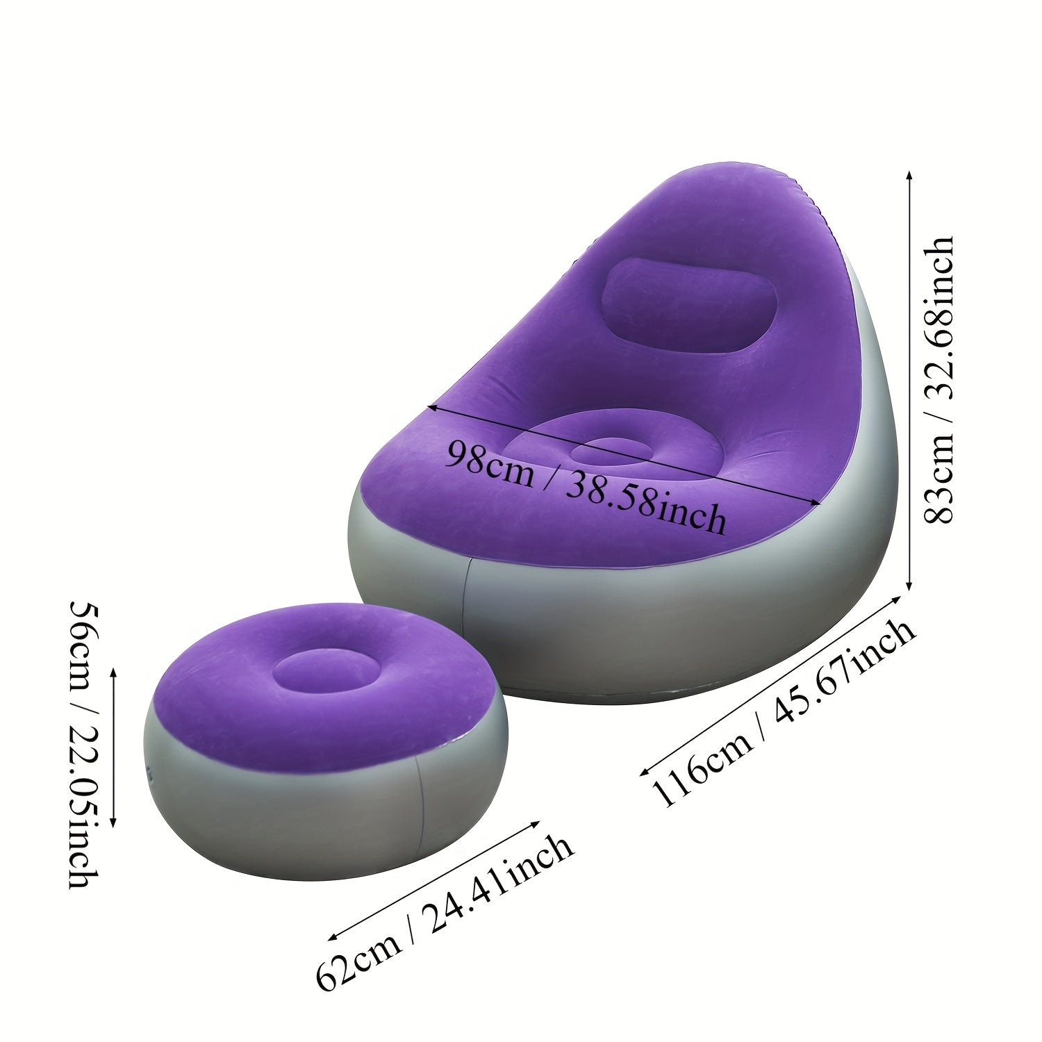 Inflatable Lounge Chair va Footrest Set - Zamonaviy Kulrang va To'q sariq, 2-qism, Portativ, Mustahkam Polyester, Saqlash uchun oson, Ichki/Tashqi dam olish uchun mukammal, Qulaylik uchun ideal Inflatable mebel