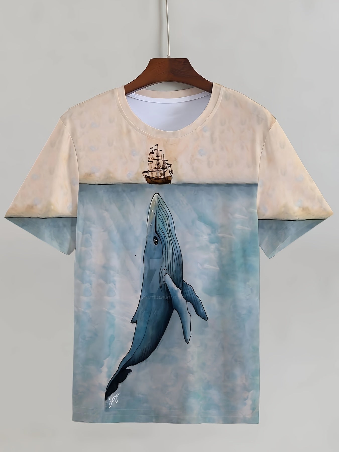 Camiseta de manga larga de poliéster para hombre de todas las estaciones con estampado de ballena geométrica y barco