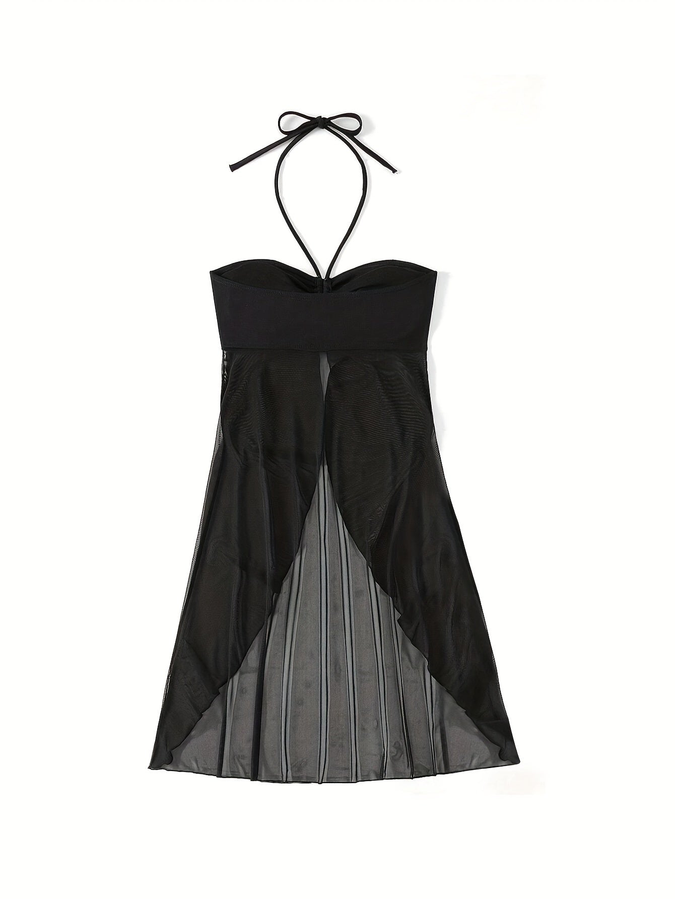 Women's Solid Color Sheer Mesh Beach Cover-Up Skirt with Halter Neck and Stretch Fabric