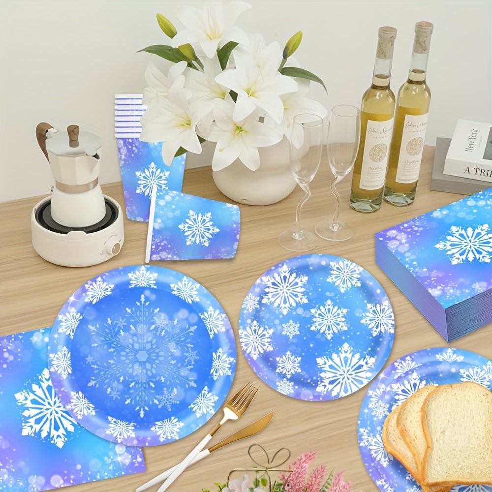 Paquete de suministros para fiesta de invierno congelado, platos de papel con copos de nieve, servilletas, vasos, 10 piezas