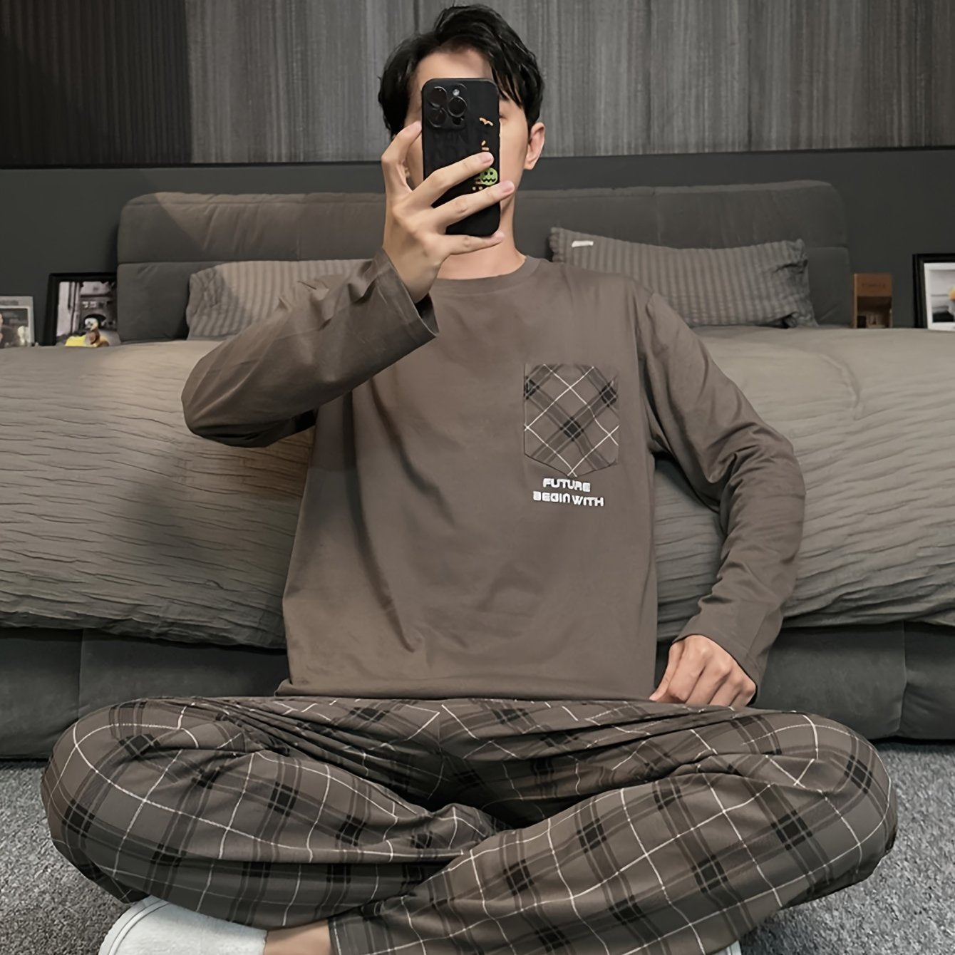 Men's Plaid Pajama Set Long Sleeve Loose Fit Spring Autumn Polyester