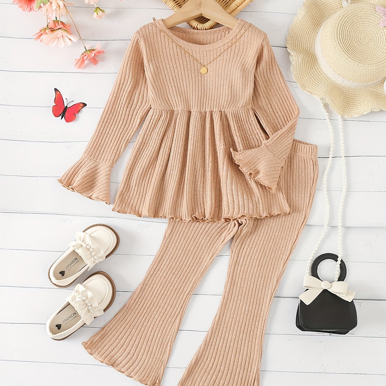 Girls Outdoor Clothing Set 2-Piece Long Sleeve Flared Top and Pants Solid Color