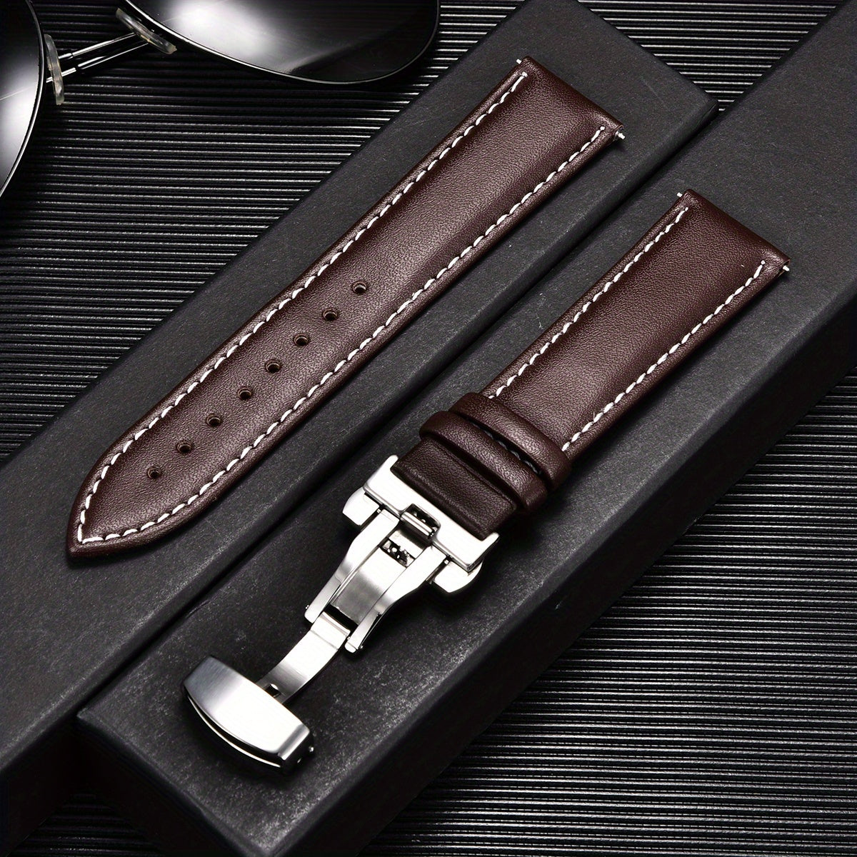 Double Press Solid Butterfly Buckle PU Leather Watch Strap 18mm 20mm 22mm 24mm
