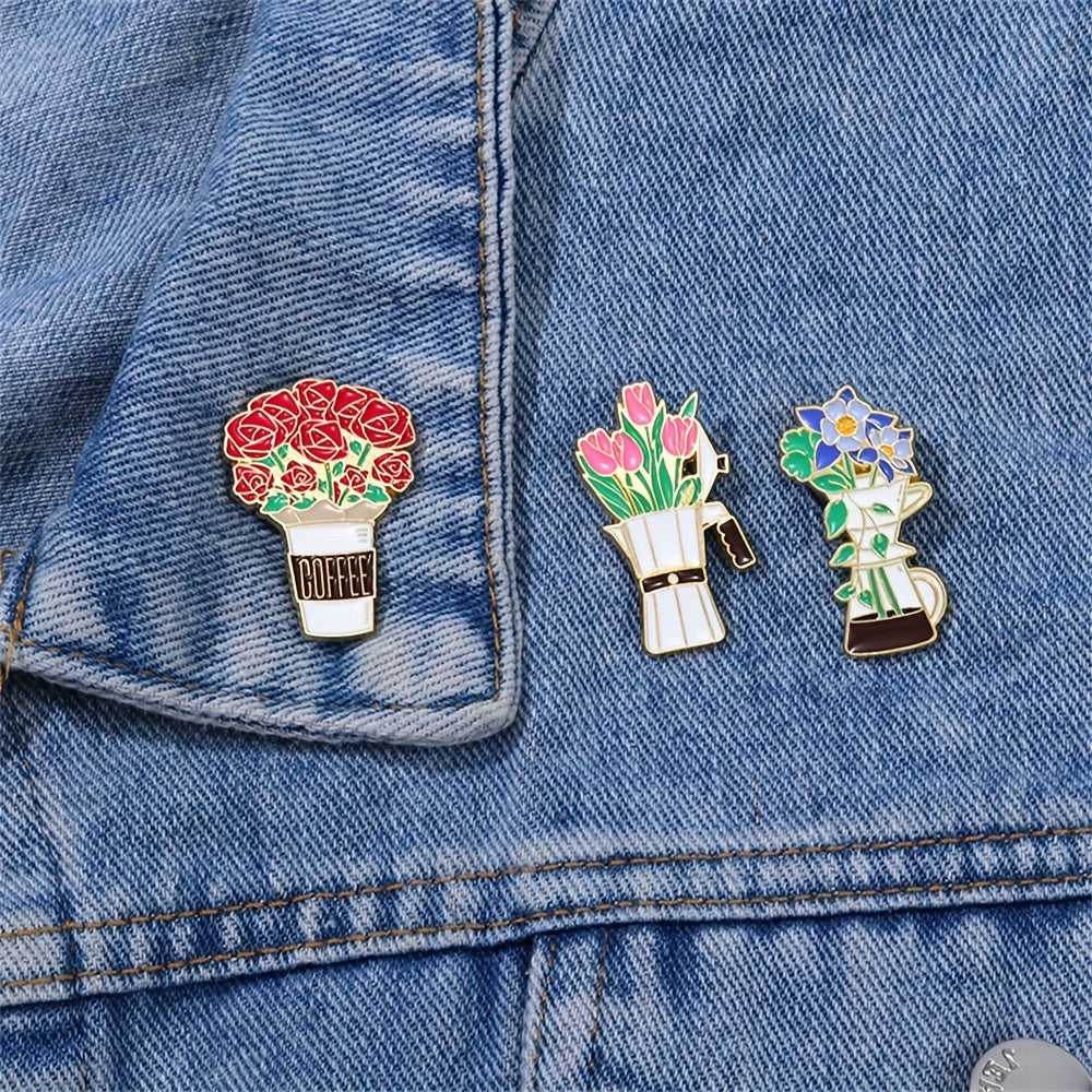 Set of 6 Minimalist Alloy Coffee Flower Enamel Brooch Pins Irregular Shaped Lapel Accessories