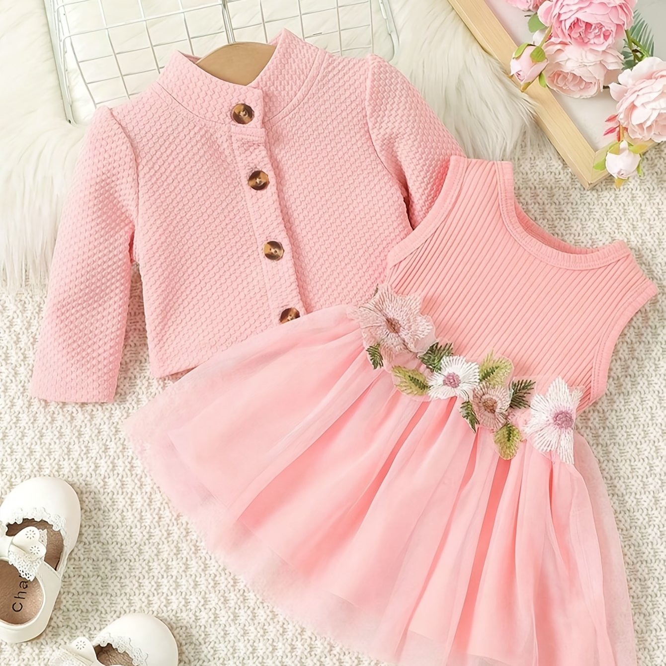 Girls Floral Dress Set with Long Sleeve Jacket and Bubble Skirt for Spring Fall