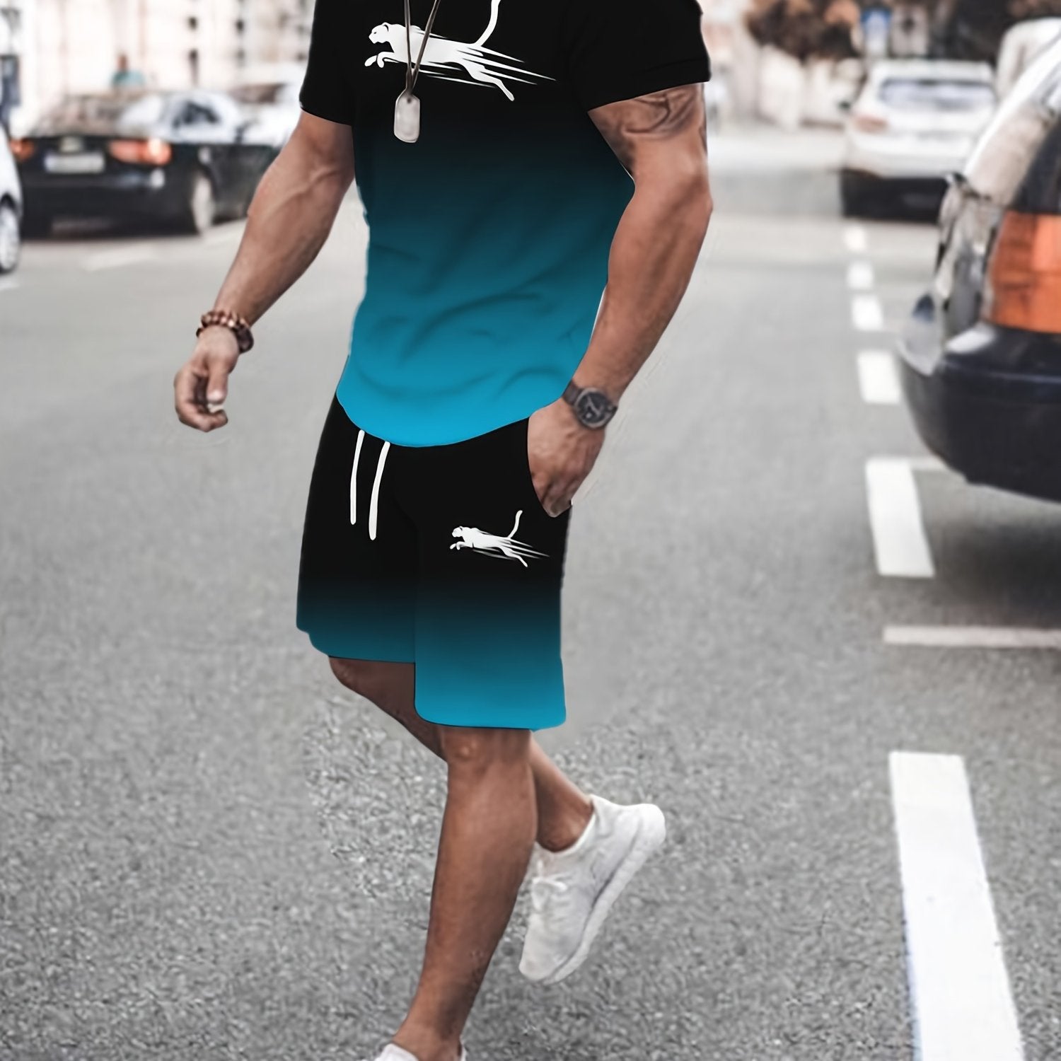 Men's Summer Casual Print Polyester Short Sleeve Sports Suit