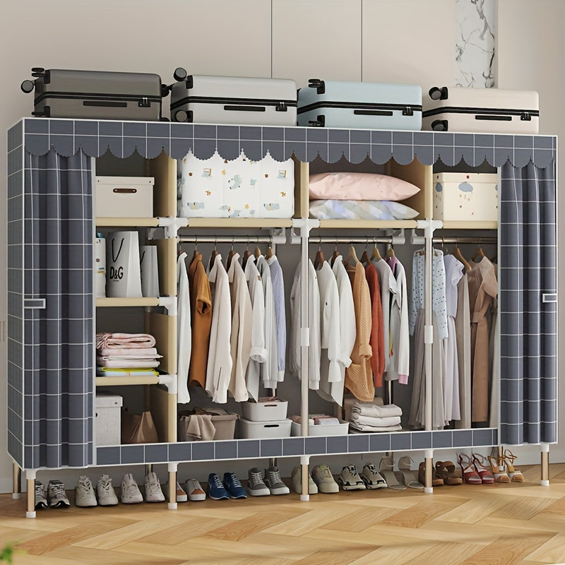 Solid Color Portable Closet with 10 Shelves and 3 Hanging Rods for Wardrobe Organization