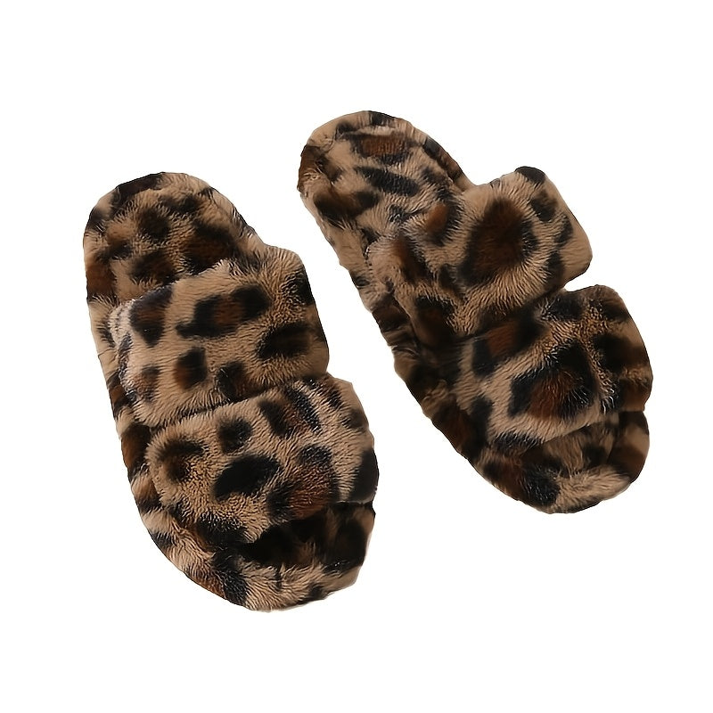Zapatillas de felpa con tiras cruzadas para mujer con puntera abierta para uso interior y exterior, casual, estampado animal