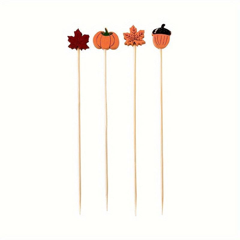 Bamboo Cocktail Picks for Appetizers and Fruit Skewers with Decorative Leaves Pumpkins and Acorns Set of 50