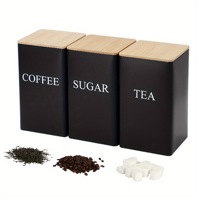 Square Metal Canisters Set of 3 with Bamboo Lids for Tea Coffee Sugar Storage