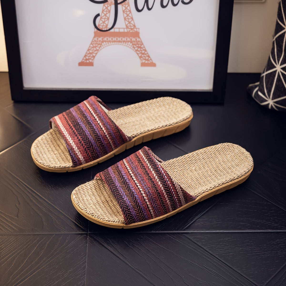 Home Slippers with Striped Pattern and Open Toe Casual Slip-On Indoor Footwear