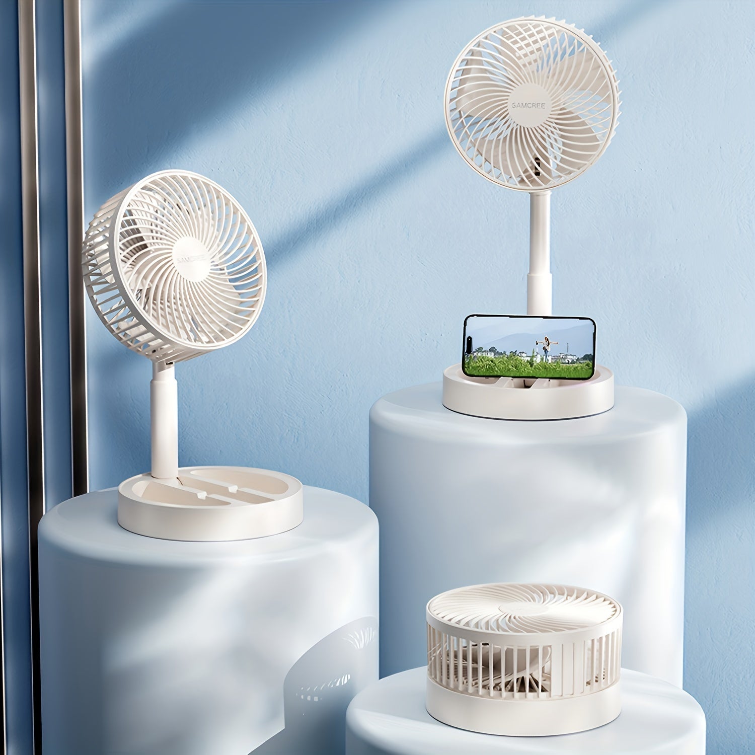 Ventilador telescópico plegable con soporte para teléfono, ventilador de mesa portátil, silencioso, flujo de aire de 360°, alimentado por USB