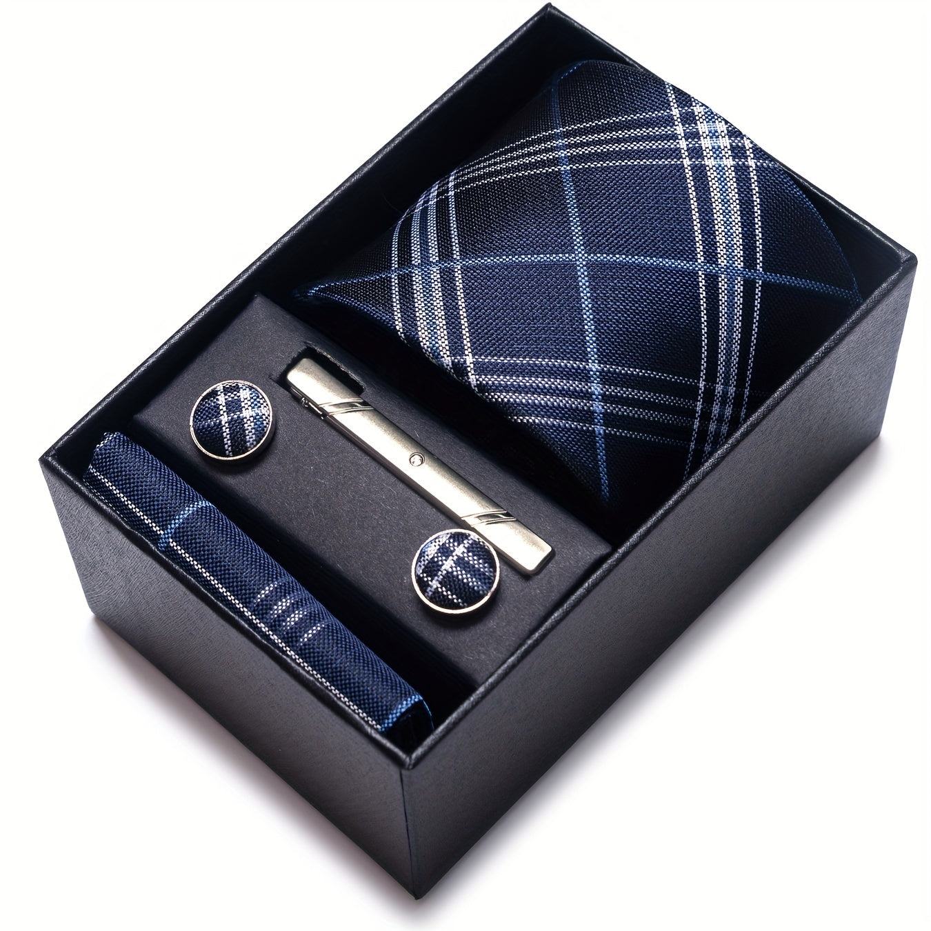 Men's Plaid Tie Set with Pocket Square Cufflinks and Tie Clip in Gift Box