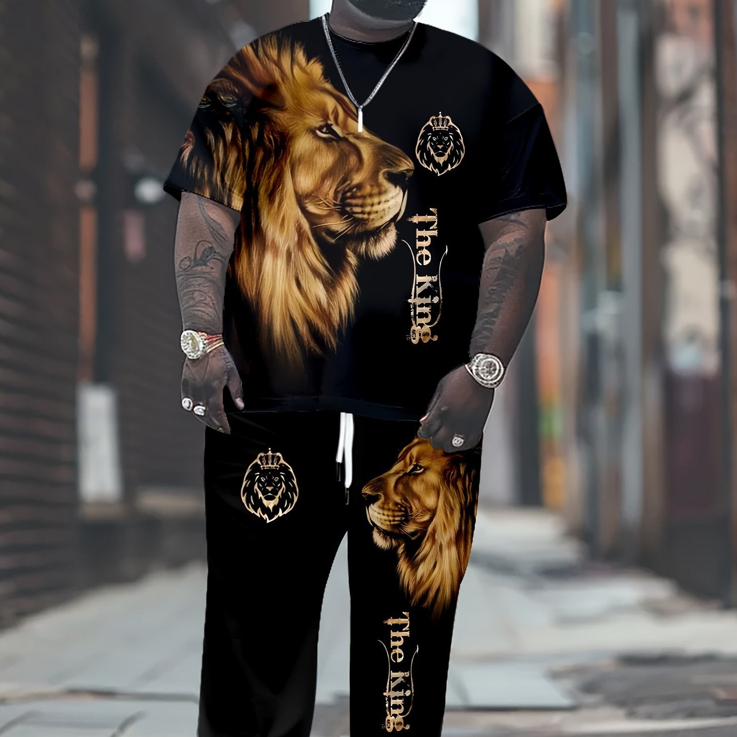 Big & Tall Men's Athletic Wear Set Short-Sleeve T-Shirt and Long Pants Summer Fall Polyester