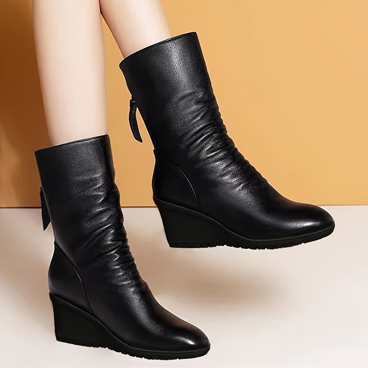 Women's Mid-Calf Leather Flat Wedge Heel Boots for Fall and Winter
