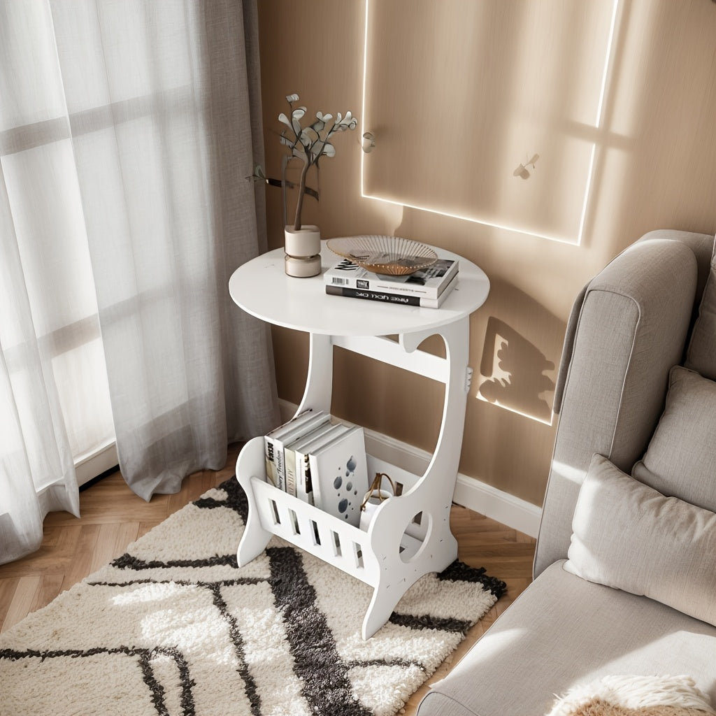White Wooden Mini Round Side Table with Storage Shelf for Small Spaces