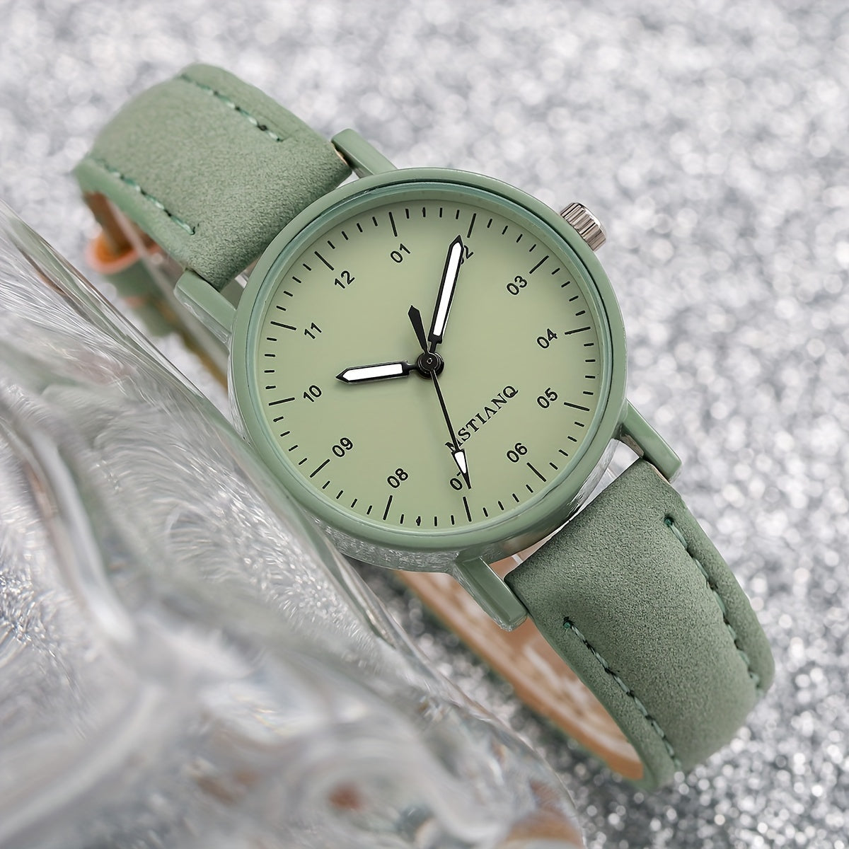Women's Quartz Watch with Green Dial and Faux Leather Strap with Matching Bracelet