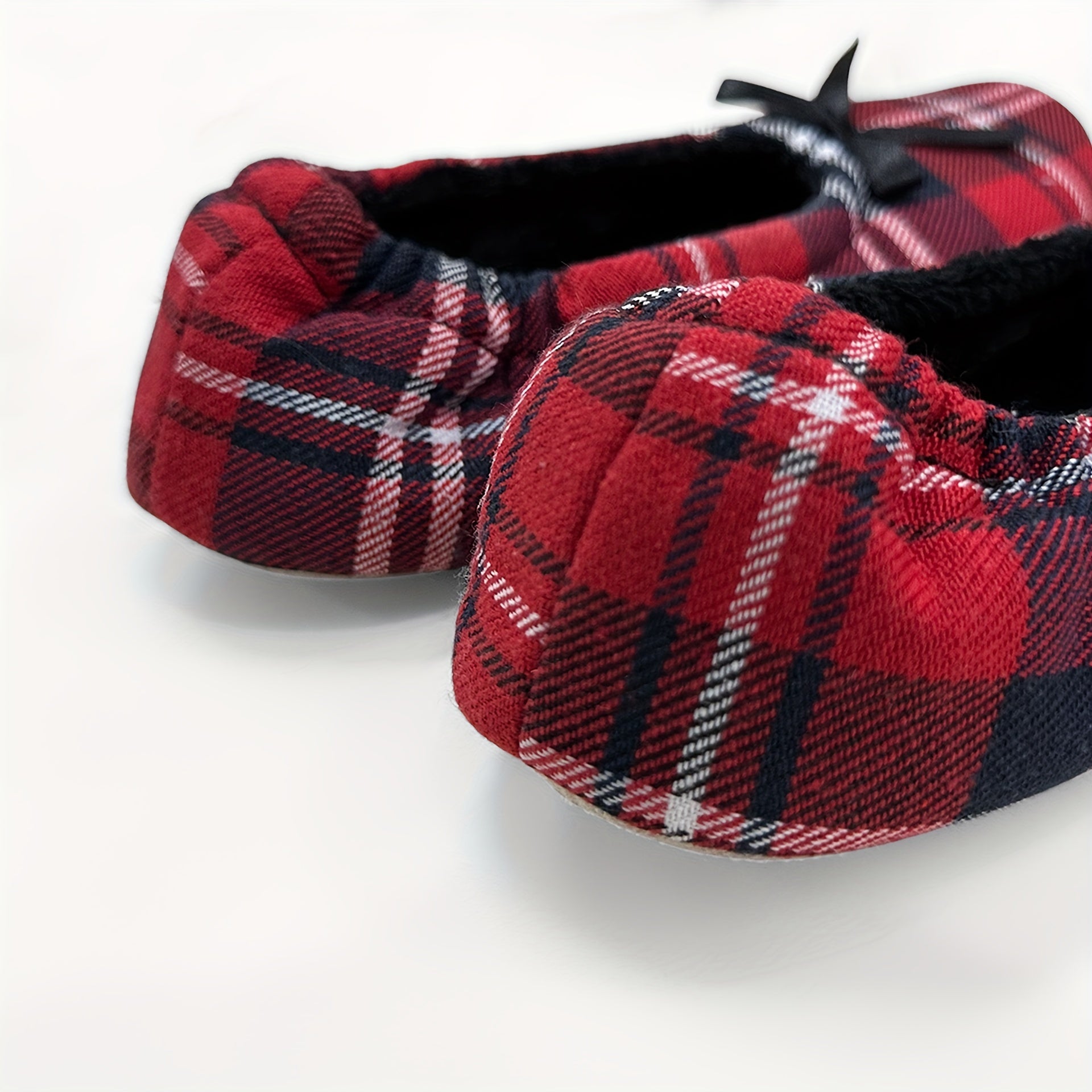 Zapatos planos de ballet de cuadros rojos para mujer con lazo, zapatos cómodos sin cordones