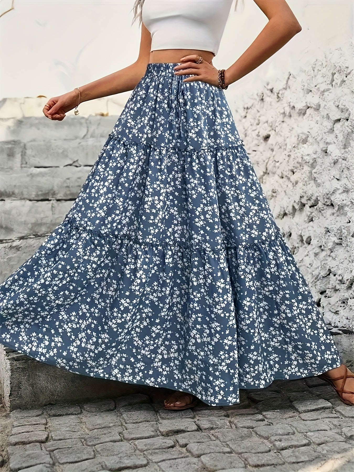 Plus Size Women's Summer Floral Maxi Skirt Light Blue White Daisy Tiered Beach Casual
