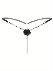 Women's Floral Patch Thongs with Faux Pearl Embellishments Low Waist Open Crotch Lingerie
