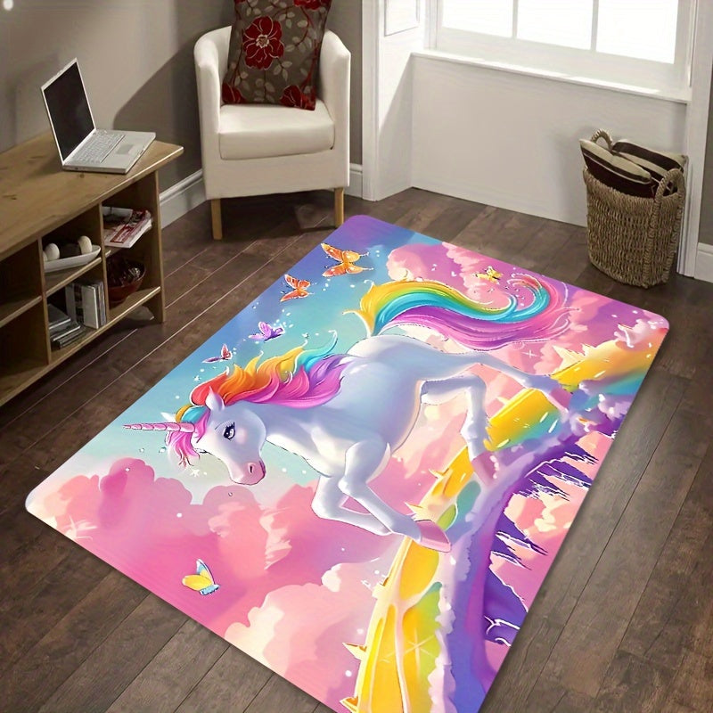 Alfombra de área de unicornio de 8mm de poliéster, alfombra de fantasía de dibujos animados para dormitorio, sala de estar, entrada