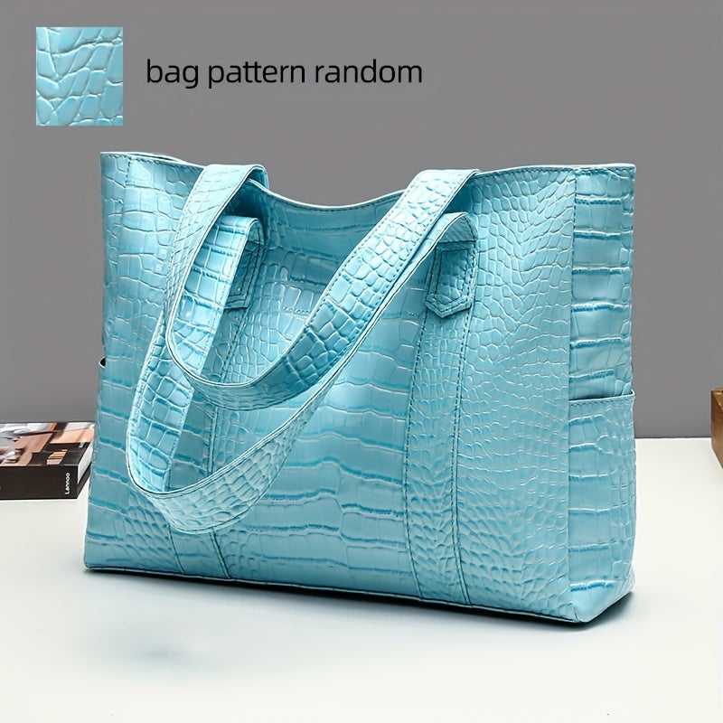 Blue Crocodile-Embossed PU Tote Bag with Zipper Closure for Women