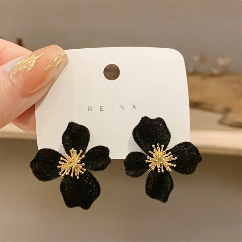 Women's Vintage Black Flower Stud Earrings Zinc Alloy Stainless Steel Post