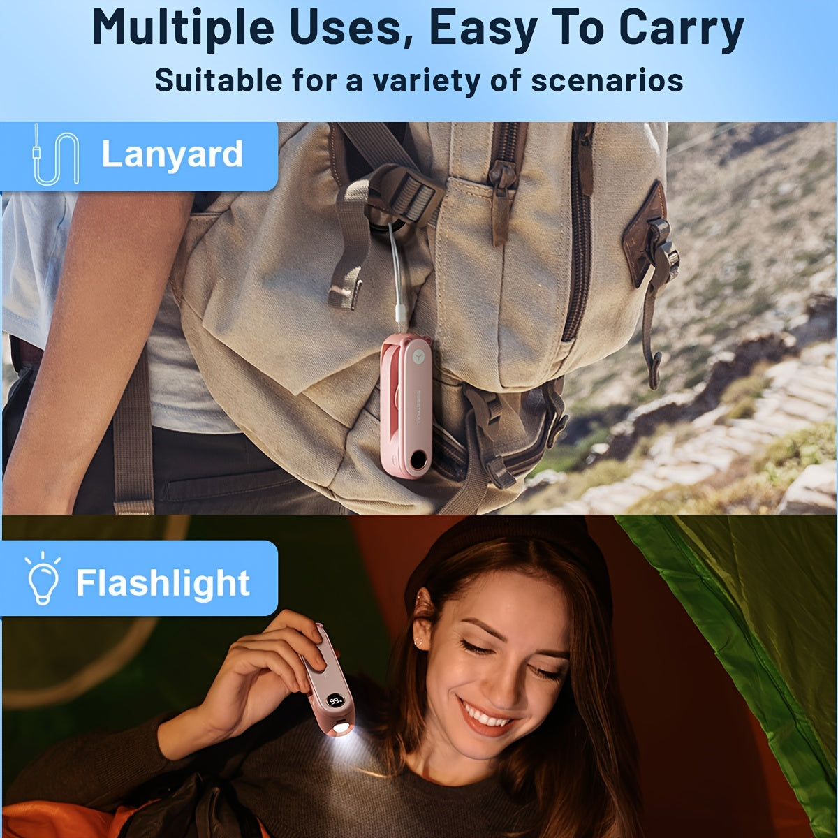 Mini Handheld USB Rechargeable Fan with LED Display and Flashlight, Portable Foldable Personal Fan