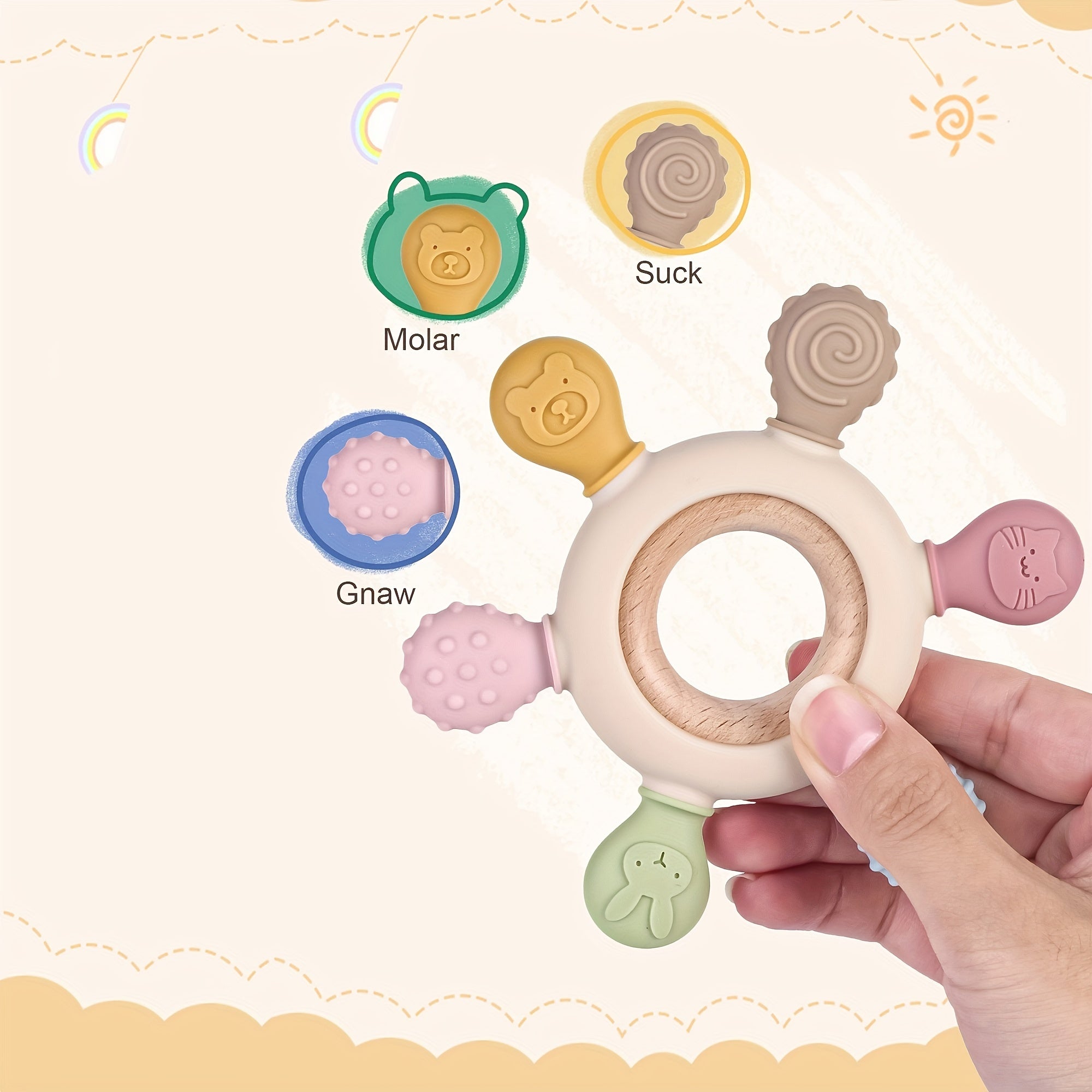 TYRY.HU Деревянное кольцо Силиконовая игрушка для прорезывания зубов - Без BPA, безопасный и нетоксичный прорезыватель для детей, идеально подходит в качестве подарка на Рождество и День благодарения