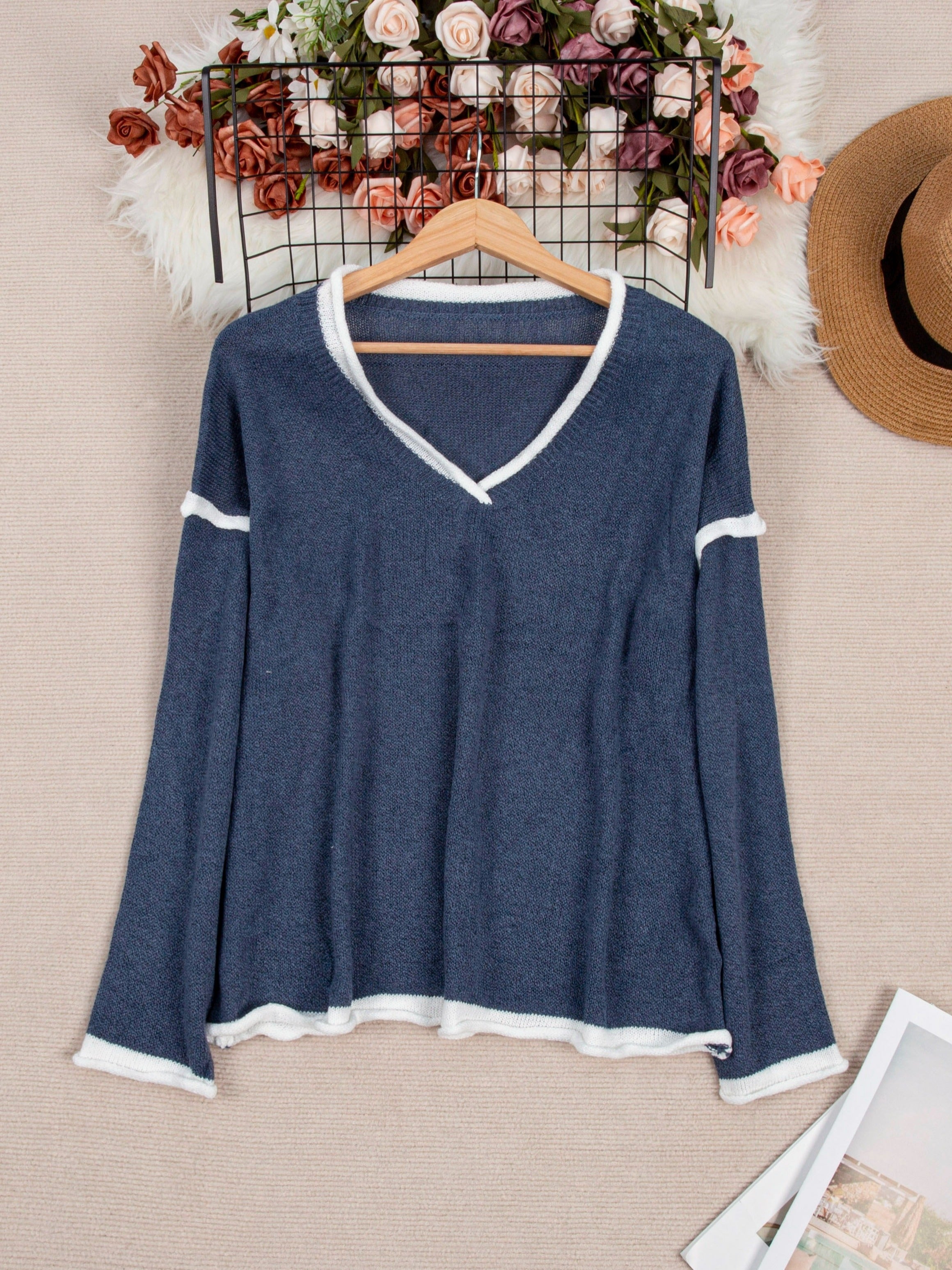 Plus Size V-Neck Sweater Oversized Cozy Knit Pullover for Women