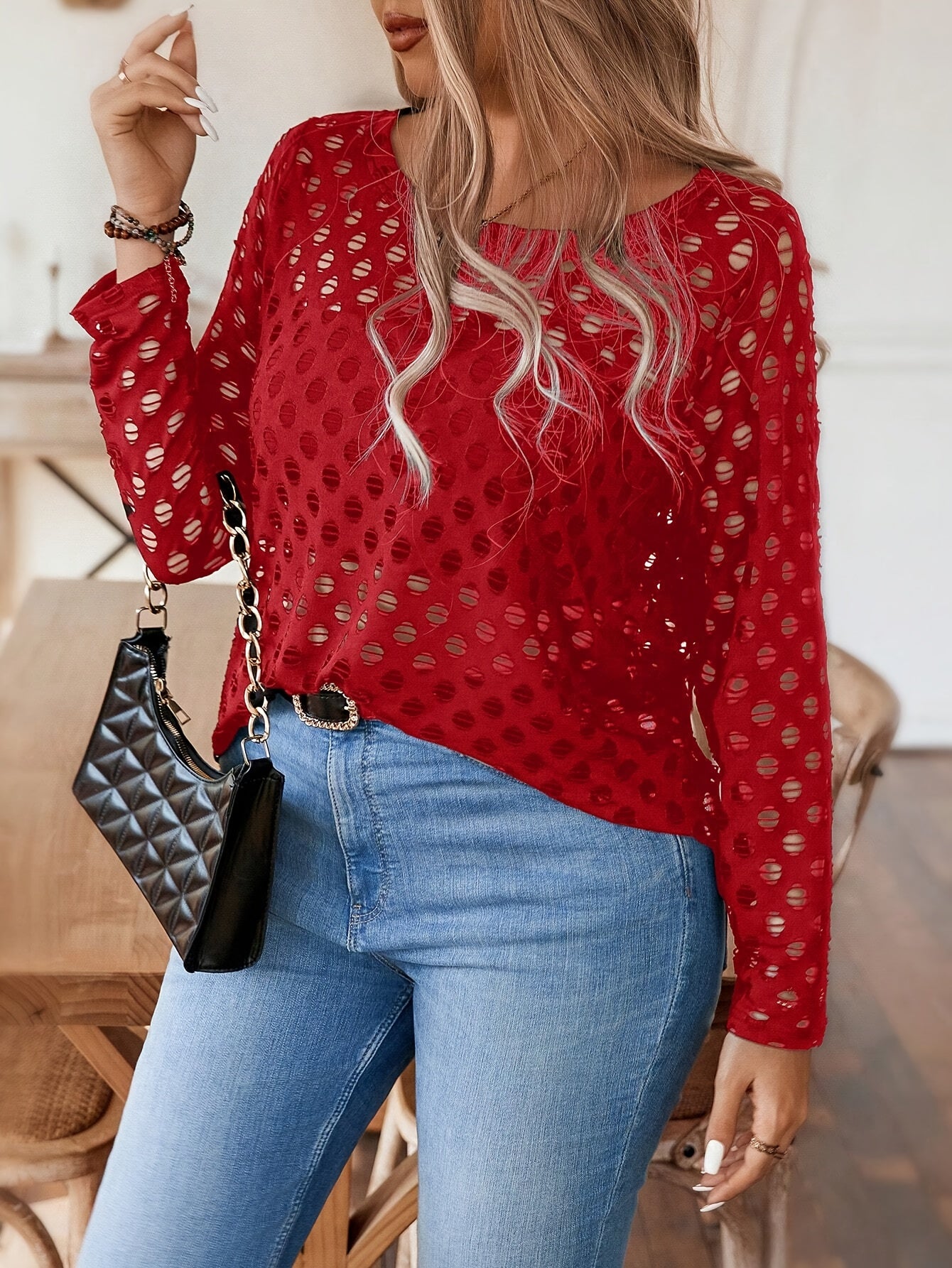 Women's Plus Size Long Sleeve Top Red Polka Dot Casual Loose Fit