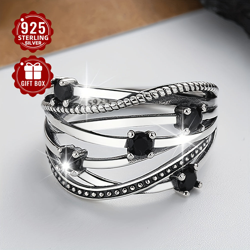 Sterling Silver Adjustable Open Band Multi-Layer Ring with Black Synthetic Zirconia