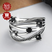 Sterling Silver Adjustable Open Band Multi-Layer Ring with Black Synthetic Zirconia