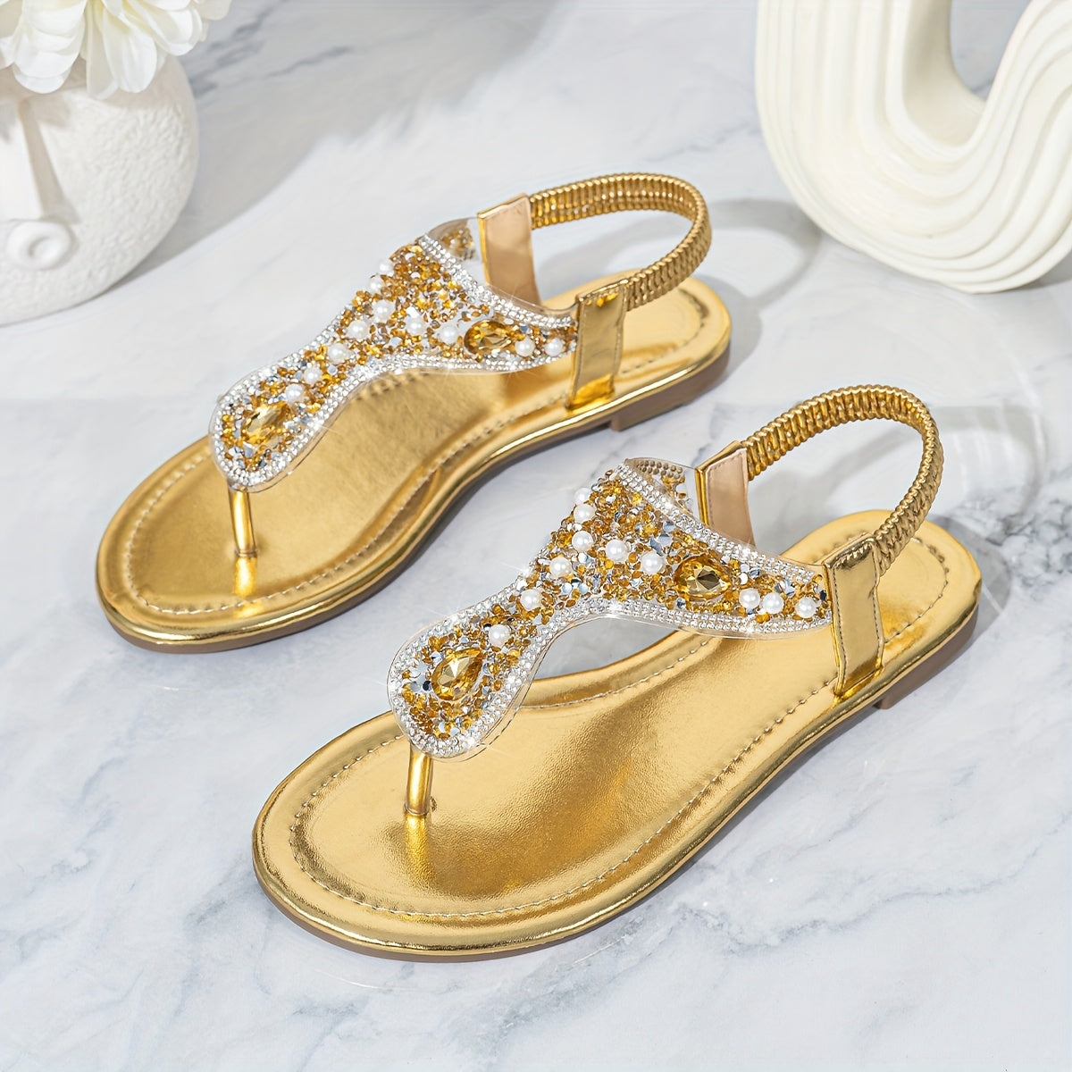 Women Bohemian Sandals with Rhinestones Slip-On Flat Shoes for Beach Casual