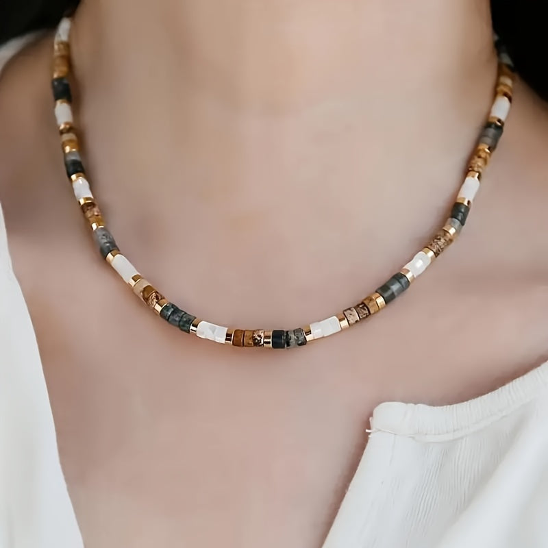 Bohemian Amethyst Natural Stone Beaded Necklace with Copper Chain for Women