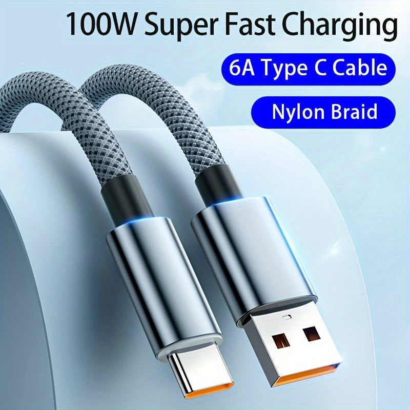 100W 6A USB-C Fast Charging Data Cable Nylon Braided 1m Black or Blue