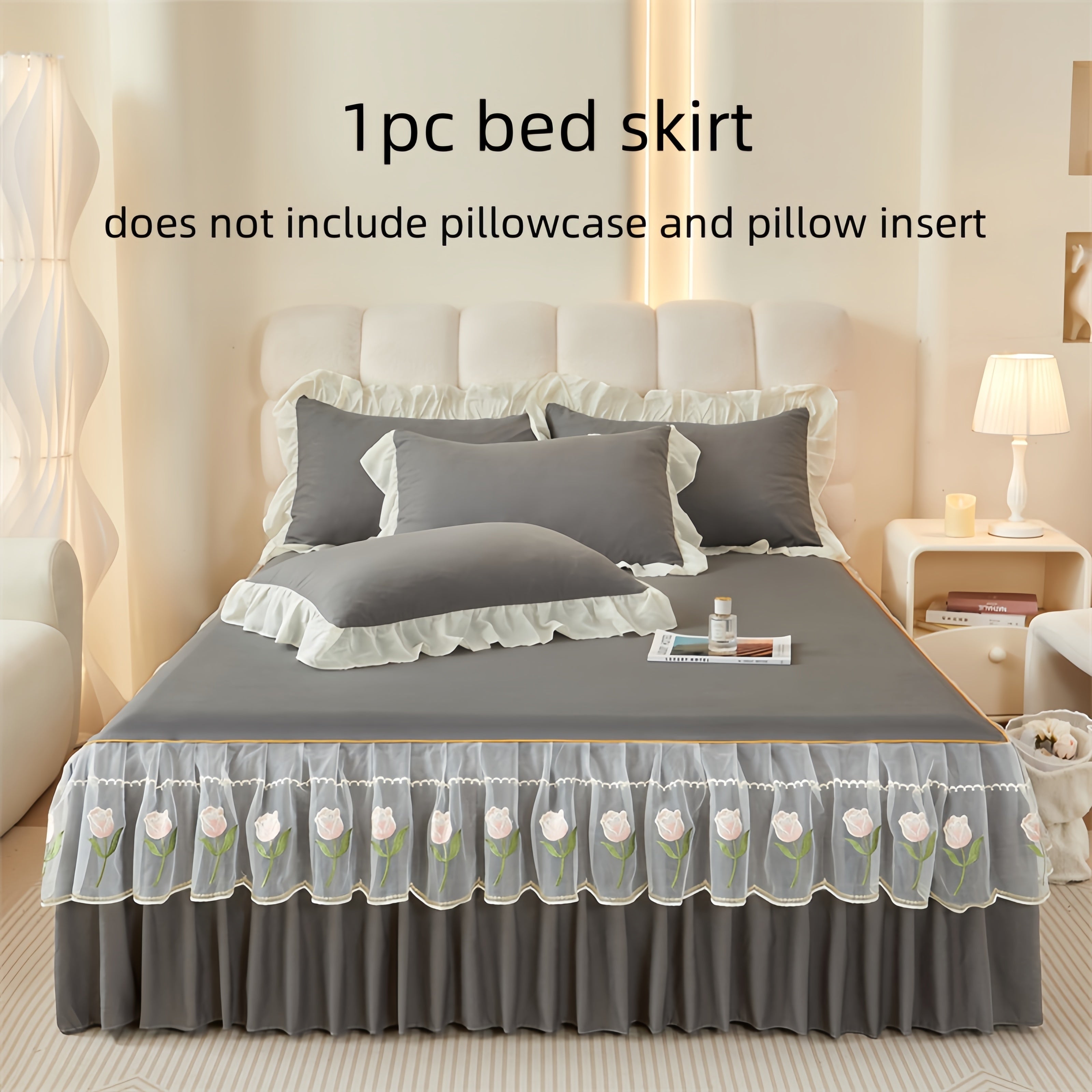 Falda de cama de lujo con borde de encaje y bordado de rosas, lavable a máquina, poliéster suave, fijación antideslizante con cinta