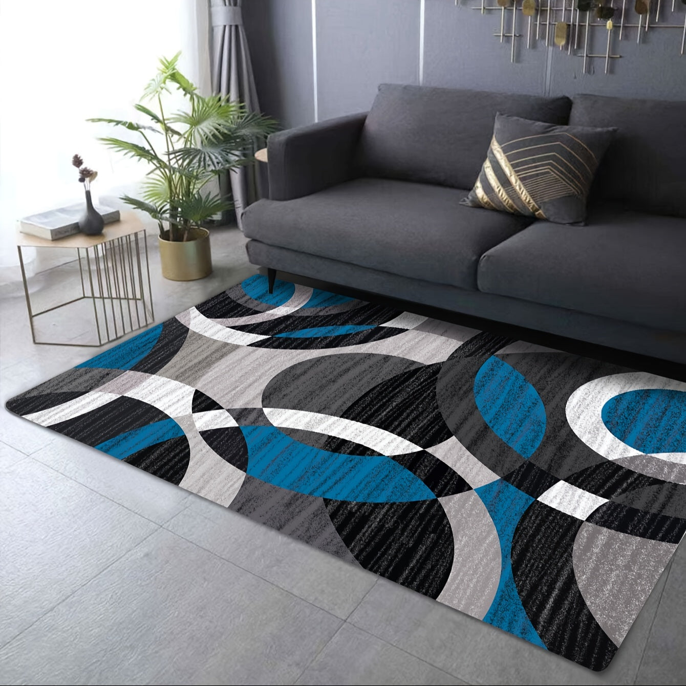Modern Geometric Non-Slip Floor Mat for Living Room and Bedroom, Easy to Clean Polyester