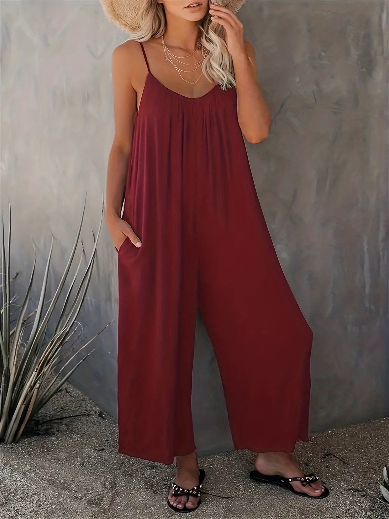 Plus Size Women Solid V Neck Wide Leg Summer Cami Jumpsuit