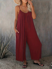 Plus Size Women Solid V Neck Wide Leg Summer Cami Jumpsuit