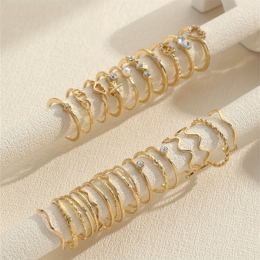 28-Piece Alloy Iron Stacking Rings Set with Heart Geometric and Wavy Designs for Daily Wear