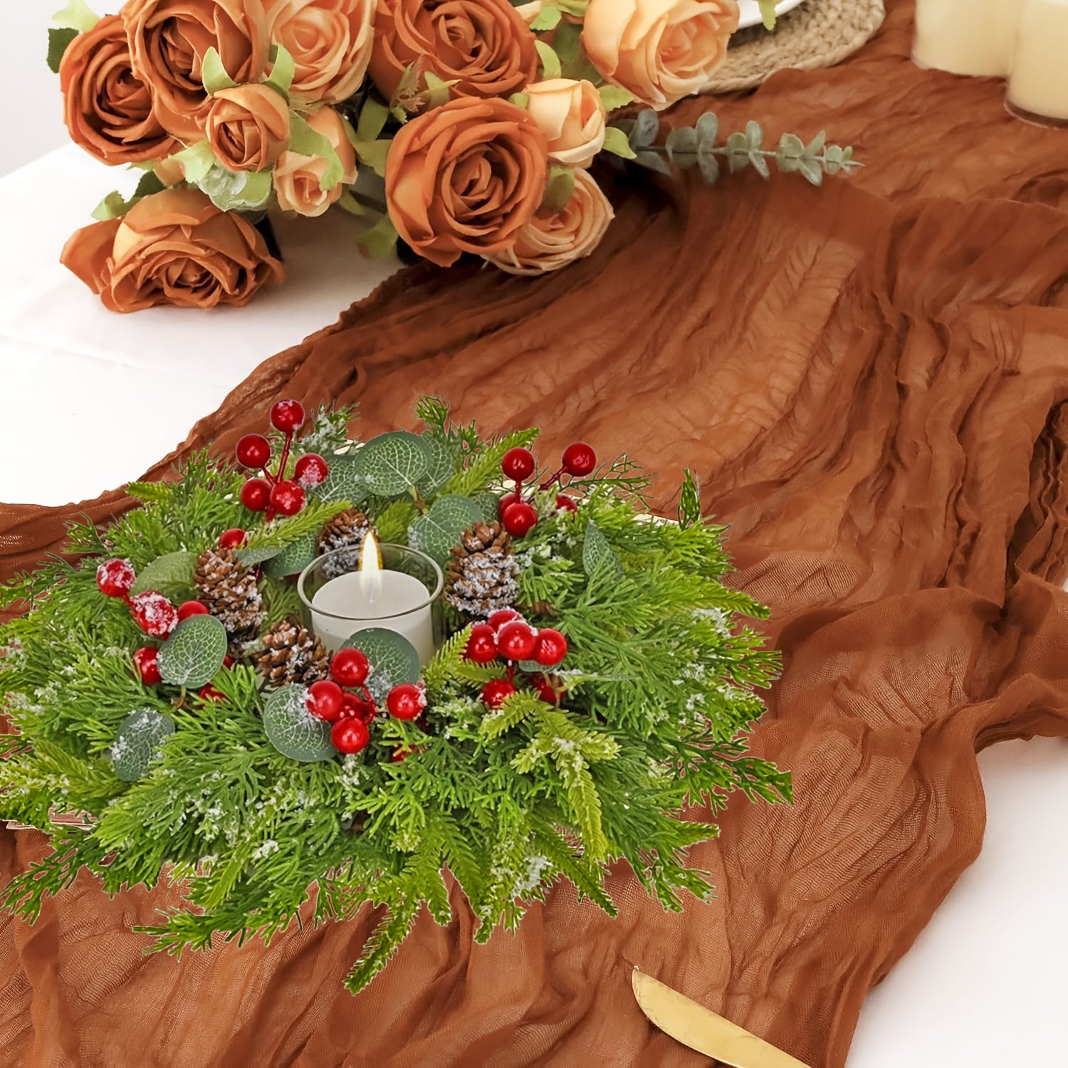 Элегантная столовая дорожка из сыромятной ткани цвета ржавчины для весны, праздников, свадеб - дизайн в стиле фермерского шика.