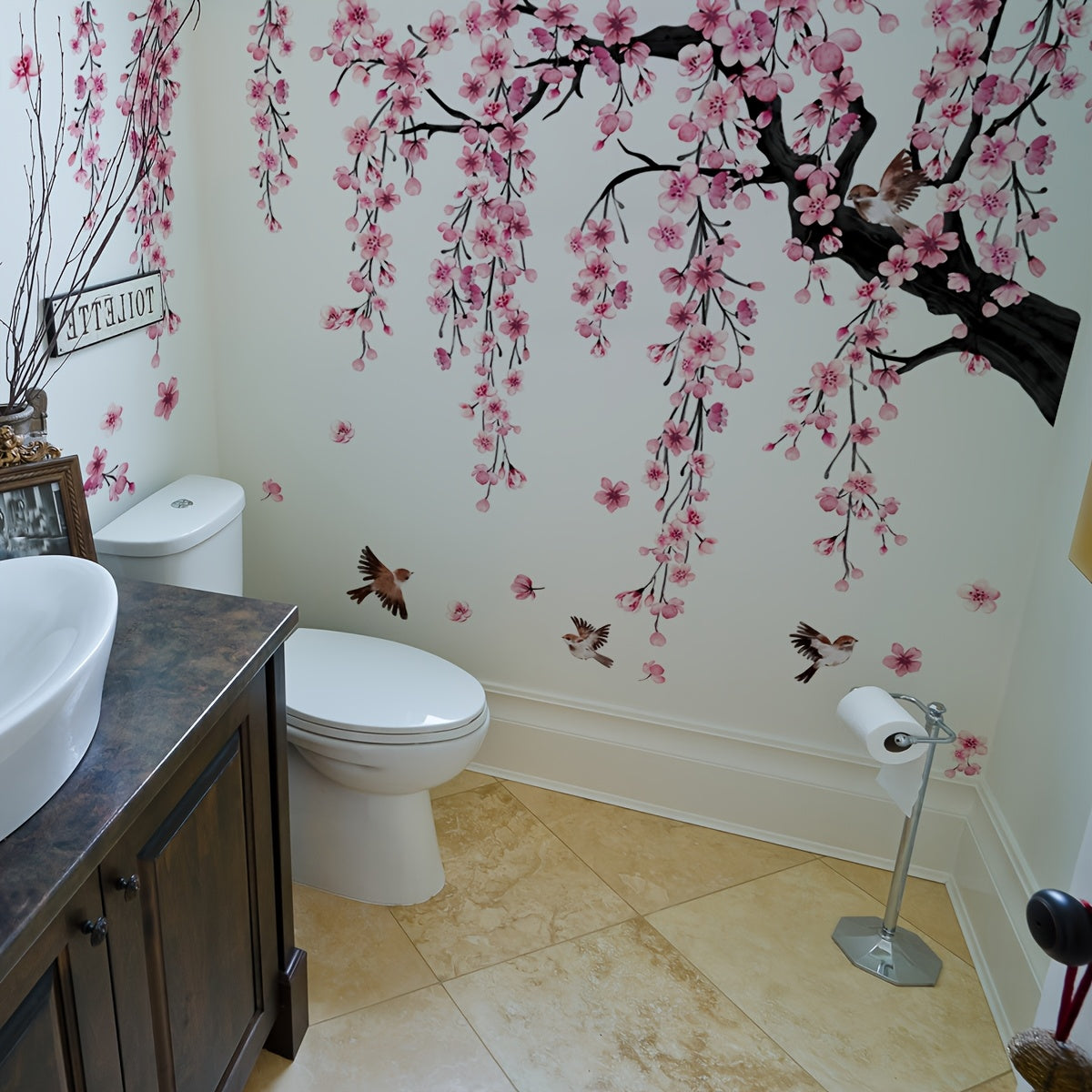 Juego de 4 calcomanías de pared de árboles de flor de durazno rosa para sala de estar, dormitorio, baño