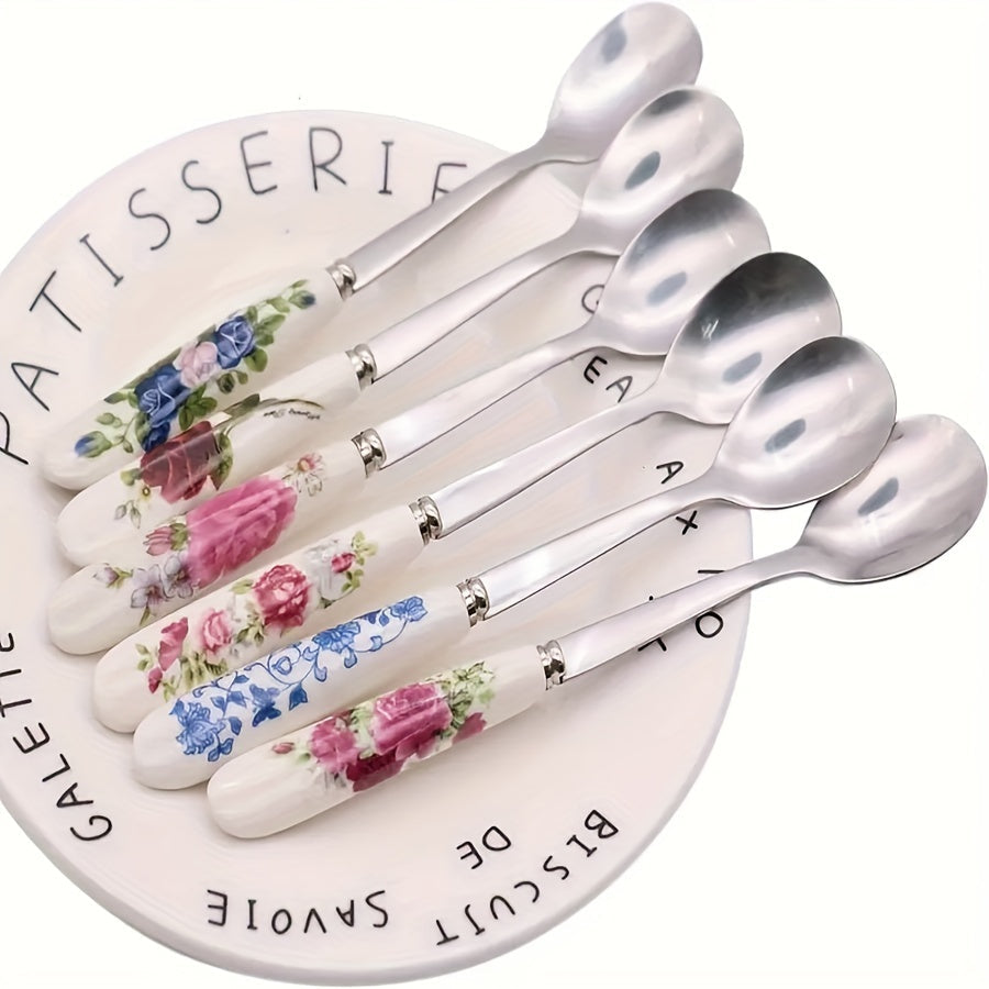 Set of 6 Floral Ceramic Handle Coffee Spoons with Stainless Steel, Stirring and Scooping
