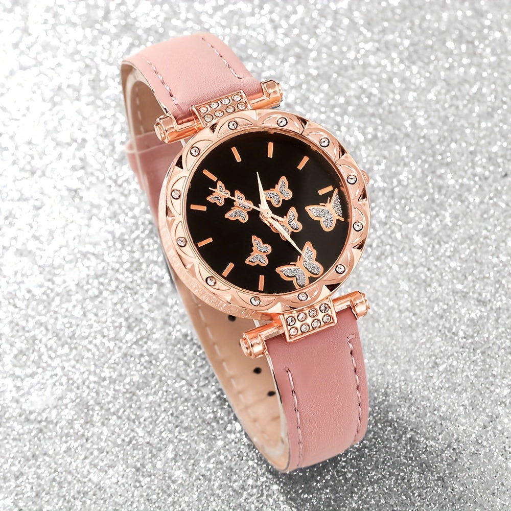 Women's Quartz Watch and Butterfly Jewelry Set with Round Dial and Faux Leather Strap