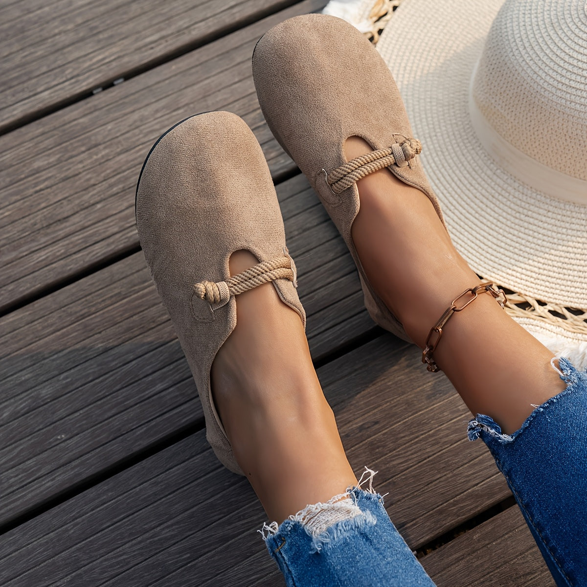 Women's Soft Sole Brown Flats, Slip-On Casual Shoes, Non-Slip Rubber