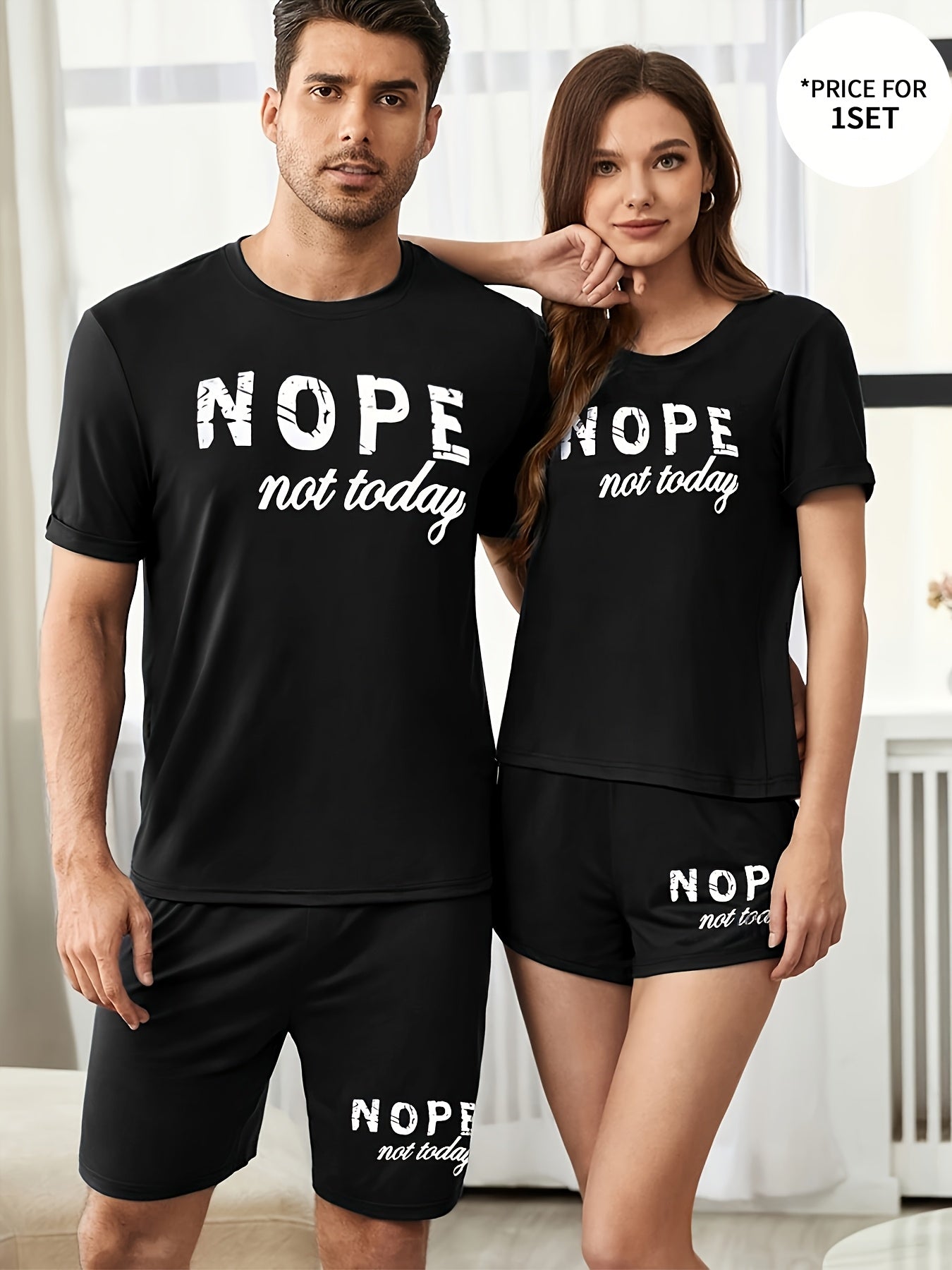 Valentine's Day Pajama Set with "NOPE Not Today" Letter Print Crew Neck Knit Fabric All-Season Comfort
