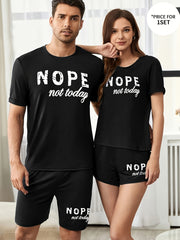 Valentine's Day Pajama Set with "NOPE Not Today" Letter Print Crew Neck Knit Fabric All-Season Comfort